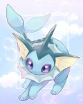  blue_skin blue_tail blush colored_skin em_ivy_akippoi fins fish_tail head_fins highres looking_at_viewer no_humans pokemon pokemon_(creature) solo spikes tail vaporeon violet_eyes 