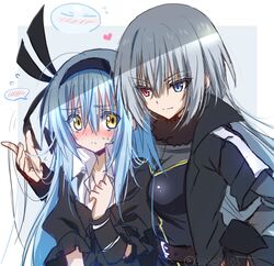  1other 2girls akatsuki_(ggsy7885) alternate_hairstyle arm_around_shoulder arm_between_breasts belt between_breasts black_coat black_collar black_dress black_hairband black_shirt blue_background blue_eyes blue_hair blush border breasts brown_belt coat collar collared_dress commentary_request cosplay costume_switch dress embarrassed fang flat_chest flying_sweatdrops fur_collar grey_hair hair_between_eyes hairband hairstyle_switch hand_on_own_hip hand_up heart heterochromia long_hair looking_at_another luminous_valentine multiple_girls outside_border red_eyes rimuru_tempest rimuru_tempest_(slime) shirt small_breasts spoken_blush standing sweatdrop tensei_shitara_slime_datta_ken twitter_username upper_body white_border yellow_eyes 