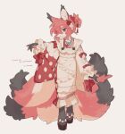  1girl animal_ear_fluff animal_ears animal_nose apron bow colored_skin commission fewer_digits flower fox_ears fox_girl fox_tail frilled_apron frilled_sleeves frills full_body furry furry_female gomafuto hair_between_eyes hair_bun hair_flower hair_ornament hair_stick highres japanese_clothes kimono long_sleeves looking_at_viewer multicolored_skin multiple_tails okobo original pawpads pink_hair polka_dot polka_dot_kimono red_bow red_eyes red_kimono sandals short_hair signature simple_background single_hair_bun skeb_commission smile snout solo standing tail white_apron white_background wide_sleeves 