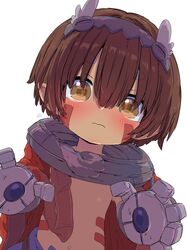  1boy 3: absurdres blue_pants blush brown_eyes brown_hair cape commentary_request dark_skin dot_nose hair_between_eyes highres made_in_abyss mechanical_arms metal_hairband navel no_shirt pants pointy_ears red_cape regu_(made_in_abyss) sekaineko_001 short_eyebrows short_hair simple_background solo upper_body white_background 