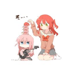  &gt;_&lt; 2girls ^_^ blue_eyes blush blush_stickers bocchi_the_rock! brown_cardigan cardigan chibi closed_eyes cube_hair_ornament electric_guitar gotoh_hitori gotoh_hitori_(octopus) grey_skirt guitar hair_between_eyes hair_ornament holding holding_instrument instrument jacket kita_ikuyo long_hair multiple_girls nose_blush one_side_up pants pants_under_skirt pink_hair pink_jacket pink_pants pleated_skirt plectrum rebecca_(keinelove) redhead sailor_collar seiza shirt simple_background sitting skirt stacking tears track_jacket track_pants track_suit turn_pale very_long_hair white_background white_sailor_collar white_shirt yellow_eyes 