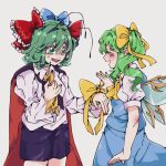  2girls antennae ascot black_cape black_shorts blue_bow blue_skirt blue_vest blush bobotatamu bow breasts cape closed_eyes collared_shirt commentary_request cowboy_shot daiyousei fairy_wings fingernails frilled_bow frills green_eyes green_hair green_nails grey_background hair_bow highres long_hair long_sleeves looking_at_another medium_bangs multiple_girls open_mouth red_bow red_cape shirt short_hair shorts side_ponytail simple_background skirt skirt_set small_breasts smile touhou two-sided_cape two-sided_fabric vest white_shirt wings wriggle_nightbug yellow_ascot yellow_bow 