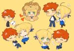  1boy 1girl ahoge animal_costume apron artoria_pendragon_(fate) black_apron black_pantyhose blonde_hair blue_bow blue_pants blue_ribbon blue_skirt boots bow bow_skirt braid braided_bun brown_footwear chibi closed_eyes closed_mouth denim emiya_shirou fangs fate/stay_night fate_(series) flying_sweatdrops green_eyes hair_bun hair_ribbon hands_up highres holding holding_hands holding_stuffed_toy hugging_object jeans lion_costume long_sleeves looking_at_another looking_at_viewer looking_to_the_side lying multiple_views musical_note neck_ribbon notice_lines nozawa_noko on_side open_mouth pants pantyhose raglan_sleeves redhead ribbon saber_(fate) saber_lion shirt shoes short_hair simple_background sitting skin_fangs skirt sleeping smile socks spoken_musical_note standing stuffed_animal stuffed_lion stuffed_toy t-shirt walking white_shirt white_socks yellow_background yellow_eyes 