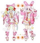  2000s_(style) 2girls :o angel_wings animal_ears apron aranotchi argyle_clothes argyle_jacket asymmetrical_legwear bandaid_on_thigh beanie belt blouse blue_eyes blue_shirt blush_stickers bow bridal_garter buttons cat_ears cat_necklace cat_tail center_frills checkered_necktie clover collar collared_jacket commentary_request cross-laced_footwear double-parted_bangs double_v ear_covers fingernails flat_color four-leaf_clover frilled_apron frilled_ribbon frilled_skirt frilled_sleeves frills full_body grey_hair hair_bow hair_ornament hairclip hat heart heart_hair_ornament heart_print highres jacket jewelry kneehighs layered_sleeves leg_belt leg_ribbon long_hair long_sleeves looking_at_viewer miniskirt mismatched_legwear multiple_belts multiple_girls necktie one_eye_closed open_clothes open_jacket open_mouth original pendant pink_belt pink_eyes pink_hair pink_hat pink_jacket pink_leg_warmers pink_nails pink_ribbon pink_skirt pink_sleeves pink_socks pleated_skirt pom_pom_(clothes) pom_pom_hair_ornament rabbit_ears rabbit_tail red_bow red_necktie red_ribbon ribbon ribbon_legwear shirt shoes short_twintails simple_background single_wing skirt sleeves_past_wrists smile sneakers socks star_(symbol) star_hair_ornament star_print striped_clothes striped_vest sweater_vest tail twintails v v-neck vertical-striped_clothes vertical-striped_vest vest waist_apron waist_bow watch watch white_apron white_background white_collar white_footwear white_garter white_shirt white_sleeves white_socks white_wings wings yellow_vest 
