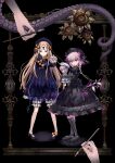  2girls 2others abigail_williams_(fate) absurdres alice_(fate) beret black_bow black_dress black_hat blonde_hair blue_dress blue_eyes bow braid character_doll commentary_request doll_joints dress fate/extra fate/grand_order fate_(series) fingernails flower footwear_bow full_body hair_bow hat highres holding holding_paintbrush hugging_doll hugging_object joints keyhole legs_apart long_hair long_sleeves looking_at_viewer multiple_girls multiple_others nursery_rhyme_(fate) orange_bow paintbrush parted_lips picture_frame pink_eyes pointing pointing_at_viewer sleeves_past_fingers sleeves_past_wrists standing sunflower tentacles twin_braids twintails two-tone_eyes um0000mu violet_eyes 
