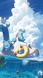  air_bubble asteroid_ill bubble clouds day fish highres innertube lapras looking_down looking_up magikarp marill no_humans open_mouth outdoors partially_underwater_shot pokemon pokemon_(creature) red_eyes riding riding_pokemon sky swim_ring teeth totodile water water_drop wingull 