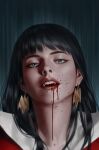  1girl bat_earrings black_hair blood blood_from_mouth blood_splatter collar earrings grey_eyes highres jewelry long_hair looking_at_viewer open_mouth portrait solo teeth upper_teeth_only vampire vampirella vampirella_(character) white_collar yoon_junggeun 