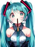  1girl ahoge aqua_eyes aqua_hair aqua_nails aqua_necktie bare_shoulders black_sleeves blush breasts collared_shirt detached_sleeves eye_contact food food_in_mouth glowing hatsune_miku highres incoming_pocky_kiss koyubisennti looking_at_another looking_at_viewer medium_breasts mouth_hold necktie pocky pocky_day pocky_in_mouth shirt upper_body vocaloid white_background 