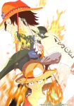  3boys ascot black_coat black_hair black_hat coat fire goggles goggles_on_headwear hat highres kojima_takashi looking_ahead looking_at_viewer male_focus monkey_d._luffy multiple_boys one_piece orange_hat portgas_d._ace sabo_(one_piece) scar scar_on_face short_hair smile straw_hat upper_body white_ascot 