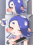  amakusa_setoka apartment blush cephalopod_eyes earrings highres jewelry octoling one_eye_closed shiver_(splatoon) shoulder_blush splatoon_(series) splatoon_3 suction_cups sweatdrop tentacle_hair thought_bubble tooth_earrings 