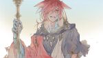  1boy braid cloak crystal_exarch final_fantasy final_fantasy_xiv g&#039;raha_tia hand_up holding holding_scepter hood hooded_cloak looking_at_viewer male_focus material_growth miqo&#039;te parted_lips red_eyes redhead scepter solo tears tladpwl03 upper_body 
