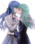  2girls absurdres bang_dream! bang_dream!_it&#039;s_mygo!!!!! black_ribbon blue_choker blue_hair choker choker_pull commentary eye_contact green_hair grey_skirt hair_ornament hairclip hand_on_another&#039;s_back hashtag-only_commentary highres kiss long_hair long_sleeves looking_at_another multiple_girls neck_ribbon plaid plaid_skirt ribbon shirt simple_background skirt tianzhongdouyi1 togawa_sakiko wakaba_mutsumi white_background white_shirt yellow_eyes yuri 