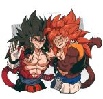  absurdres anger_vein biceps black_hair black_wristband blue_sash body_fur dragon_ball dragon_ball_gt dragon_ball_heroes earrings gogeta highres jewelry looking_at_viewer male_focus metamoran_vest monkey_boy monkey_tail muscular muscular_male no_nipples pants pectorals potara_earrings red_fur relio_db318 sash simple_background smile spiky_hair super_saiyan super_saiyan_1 super_saiyan_4 tail vegetto vegetto_(xeno) veins veiny_hands white_pants 