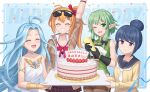  4girls absurdres ahoge arm_up birthday black_gloves blue_hair cake closed_eyes commentary_request confetti eyewear_on_head food girls_frontline gloves goblin_slayer goblin_slayer! granblue_fantasy green_hair hair_bun happy_birthday high_elf_archer_(goblin_slayer!) highres kalina_(girls&#039;_frontline) lyria_(granblue_fantasy) multiple_girls one_eye_closed orange_hair party_popper pointy_ears pralinesquire red_ribbon ribbon sunglasses touyama_nao violet_eyes voice_actor_connection yurucamp 