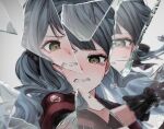  1girl app_filter bang_dream! bang_dream!_it&#039;s_mygo!!!!! black_gloves black_ribbon blue_hair clenched_teeth commentary_request crying crying_with_eyes_open floating_hair gloves grey_background hair_ribbon highres long_hair looking_at_viewer meu203 red_shirt ribbon shirt solo tears teeth togawa_sakiko upper_body yellow_eyes 