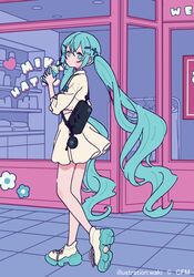  1girl bag blue_eyes blue_hair character_name closed_mouth clothes_hanger commentary_request cup disposable_cup drinking_straw hatsune_miku heart highres holding holding_cup long_hair looking_at_viewer looking_to_the_side neki_(wakiko) pleated_skirt shirt shoe_soles shoes short_sleeves skirt solo twintails very_long_hair vocaloid white_footwear white_shirt white_skirt window 