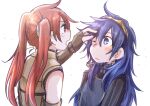  2girls blue_eyes blue_hair blush brand_of_the_exalt brown_gloves closed_mouth fingerless_gloves fire_emblem fire_emblem_awakening gloves long_hair looking_at_another lucina_(fire_emblem) messy_hair multiple_girls one_eye_closed open_mouth red_eyes redhead severa_(fire_emblem) shippo3101 symbol_in_eye tiara twintails upper_body white_background 