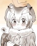  1girl blush coat dot_nose eyelashes fur_collar hair_between_eyes head_wings headpat highres holding kemono_friends long_sleeves northern_white-faced_owl_(kemono_friends) short_hair smile solo_focus spoken_squiggle squiggle suicchonsuisui upper_body wings 