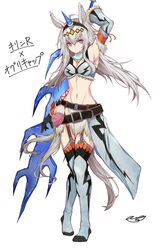  1girl absurdres ahoge amaxa animal_ears armor blue_eyes breasts elbow_gloves fur_trim gloves grey_hair hair_between_eyes hairband highres holding horns horse_ears horse_girl horse_tail kirin_(armor) long_hair looking_at_viewer midriff monster_hunter_(series) navel oguri_cap_(umamusume) signature single_horn solo tail thigh-highs umamusume weapon white_hair yellow_hairband 