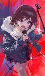  1girl blue_eyes blue_jacket brown_hair brown_shirt cable clothes_writing commentary fatur_rasid feet_out_of_frame fur-trimmed_jacket fur_trim girls_band_cry highres holding holding_microphone holding_microphone_stand iseri_nina jacket leaning_forward long_sleeves looking_at_viewer low_twintails medium_hair microphone microphone_stand miniskirt open_clothes open_jacket open_mouth plaid plaid_skirt pleated_skirt red_background shirt short_twintails shouting skirt solo sparkle teeth twintails v-shaped_eyebrows white_shirt 