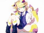  1boy black_footwear blonde_hair blue_vest boots child cucumber duplicate fang food fox_boy gem green_eyes hisaboden holding holding_food holding_vegetable kitsune kneehighs kyuubi kyuubi_(youkai_watch) long_sleeves male_focus multiple_tails open_mouth shirt short_hair simple_background sitting skin_fang socks solo tail traditional_youkai vegetable vest white_background white_shirt youkai_(youkai_watch) youkai_watch 