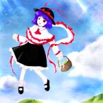  1girl ascot basket black_footwear black_hat black_skirt blue_hair blue_sky bow clouds day frilled_shawl frilled_skirt frills full_body hagoromo hat hat_bow holding holding_basket long_sleeves lowres mary_janes medinki nagae_iku official_style open_mouth outdoors red_ascot red_bow red_eyes shawl shoes short_hair skirt sky smile socks solo teeth touhou upper_teeth_only white_shawl white_socks zun_(style) 