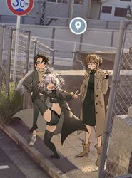  1boy 2girls black_cape black_hair black_nails black_shorts black_skirt black_sweater black_thighhighs boots braid brown_footwear brown_hair cape chain-link_fence cigarette cloak closed_eyes double_v dress fang fence fingernails foolish_potato full_body glasses gloves google_maps google_street_view grey_hair hair_between_eyes hair_bun hand_in_pocket hands_on_own_hips high_heel_boots high_heels high_school_girls_posing_for_google_street_view_(meme) highres jacket long_coat looking_at_viewer meme multiple_girls nanakusa_nazuna_(yofukashi_no_uta) no_shoes open_mouth partially_fingerless_gloves pencil_skirt photo_background posing raised_curb real_world_location road_sign round_eyewear shirt shorts sidelocks sign single_hair_bun skirt smile standing standing_on_one_leg stomach sweater tactile_paving thigh-highs turtleneck turtleneck_sweater uguisu_anko v white_footwear yamori_kou yofukashi_no_uta 