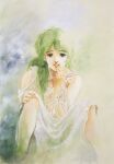  1980s_(style) 1girl blue_eyes dress green_hair grin hand_to_own_mouth highres lips long_hair looking_at_viewer megazone_23 mikimoto_haruhiko painting_(medium) production_art retro_artstyle scan sitting smile spread_legs teeth tokimatsuri_eve traditional_media watercolor_(medium) 
