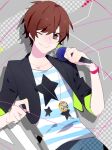  1boy amatsuki_(utaite) black_jacket blue_pants blue_shirt brown_eyes brown_hair cable clock_necklace closed_mouth collared_jacket commentary_request cowboy_shot cropped_jacket denim fingernails grey_background holding holding_cable holding_microphone indie_utaite jacket jeans lapels long_sleeves looking_at_viewer male_focus microphone one_eye_closed pants peaked_lapels polka_dot polka_dot_background shirt short_hair simple_background sleeves_past_elbows smile solo star_(symbol) star_print striped_clothes striped_shirt two-sided_fabric two-sided_jacket two-tone_shirt unagi_(nakaelric) utaite white_shirt 