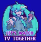  1girl ahoge blue_background blue_hair breasts closed_eyes collared_shirt commentary detached_sleeves english_commentary grey_shirt grey_skirt grey_sleeves hair_ornament hatsune_miku hatsune_miku_expo headset holding holding_microphone jhaku let&#039;s_take_ibuprofen_together_(meme) long_hair long_sleeves medium_bangs meme microphone open_mouth pleated_skirt reaching reaching_towards_viewer scanlines shirt skirt sleeveless sleeveless_shirt small_breasts smile solo tie_clip twintails upper_body very_long_hair vocaloid 