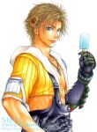  1boy artist_name asymmetrical_gloves bad_link black_gloves black_pants blonde_hair blue_eyes chain chain_necklace cropped_jacket dated final_fantasy final_fantasy_x flower food gloves hair_flower hair_ornament hand_on_own_hip hand_up holding holding_food holding_popsicle hood hooded_jacket jacket jewelry looking_at_viewer male_focus mixed_media necklace open_clothes open_jacket pants parted_bangs pendant popsicle re_sofa second-party_source short_hair smile solo sunflower sunflower_hair_ornament tidus upper_body white_background yellow_flower yellow_jacket 