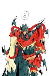 1boy 1girl armor bat_wings blonde_hair commentary drenched-in-sunlight elden_ring elden_ring:_shadow_of_the_erdtree english_commentary english_text green_robe hand_on_another's_hand helmet highres long_hair messmer_the_impaler mother_and_son one-eyed one_eye_closed ornate ornate_armor queen_marika_the_eternal red_snake redhead robe simple_background single_vambrace snake snake_on_shoulder speech_bubble vambraces white_background winged_helmet wings 
