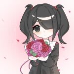  1girl ame-chan_(needy_girl_overdose) black_dress black_eyes black_hair bouquet closed_mouth collared_dress dress flower hair_ornament hair_over_one_eye holding holding_bouquet long_hair long_sleeves looking_at_viewer mofa_shaonu_xiao_die needy_girl_overdose official_alternate_costume petals pink_flower pink_rose red_flower red_rose rose rose_petals solo twintails x_hair_ornament 