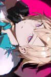  1boy aqua_shirt aventurine_(honkai:_star_rail) black_gloves blonde_hair collared_shirt earrings fur_trim gloves hair_between_eyes highres honkai:_star_rail honkai_(series) jewelry looking_at_viewer male_focus mmmecr multicolored_eyes pink_background shirt short_hair solo two-tone_eyes 