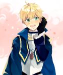  1boy arthur_pendragon_(fate) black_gloves blonde_hair blue_coat coara coat fate/grand_order fate_(series) gloves green_eyes hair_between_eyes long_sleeves looking_at_viewer male_focus open_mouth pink_background short_hair solo upper_body 