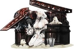  1girl abyssal_ship akira_(kadokawa) breasts bucket claws eye_beam holding holding_shovel horns kantai_collection large_breasts official_art orange_eyes pale_skin runway sand shovel single_horn solo summer teeth turret white_hair 