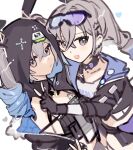  2girls :/ :d animal_ears animal_hood black_gloves black_jacket blush bronya_zaychik bronya_zaychik_(haxxor_bunny) closed_mouth company_connection drill_hair eyewear_on_head fingerless_gloves gloves goggles goggles_on_head grey_eyes grey_hair hair_between_eyes heart highres honkai:_star_rail honkai_(series) honkai_impact_3rd hood hoodie jacket long_hair looking_at_viewer multiple_girls ponytail rabbit_ears rizu033 shirt shorts silver_wolf_(honkai:_star_rail) simple_background sketch smile trait_connection twin_drills white_background white_shirt 