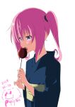  1girl blue_kimono candy_apple food highres japanese_clothes kimono medium_hair nana_asta_deviluke open_mouth papiyon1297 pink_hair simple_background solo to_love-ru tongue tongue_out twintails upper_body violet_eyes white_background 