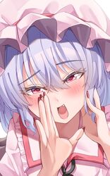  1girl :d blue_hair blush close-up commentary eyelashes eyes_visible_through_hair fang fingernails frilled_shirt_collar frills hair_between_eyes hands_up happy hat heart heart-shaped_pupils highres long_fingernails looking_at_viewer mahoro_(minase_mahoro) medium_hair mob_cap nail_polish open_mouth pink_hat pink_shirt red_eyes red_nails remilia_scarlet shirt simple_background smile solo symbol-shaped_pupils touhou tsurime whispering white_background 