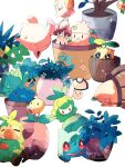  applin bellsprout bulbasaur closed_eyes commentary_request floating foongus grookey hanabusaoekaki highres hoppip monkey morelull mushroom oddish petilil plant pokemon pokemon_(creature) potted_plant red_eyes shroomish simple_background sleeping solid_oval_eyes sparkle sunkern toedscool white_background 