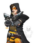  1boy 1girl belt black_gloves black_hood bodysuit boxers breikka chibi chibi_inset cosplay crossed_arms dual_wielding english_commentary explosive finger_on_trigger gloves goggles grenade gun handgun holding hood hooded_jacket jacket male_underwear open_mouth orange-tinted_eyewear orange_bodysuit overwatch overwatch_2 reaper_(overwatch) reaper_(overwatch)_(cosplay) short_hair skull solo_focus spikes tinted_eyewear tracer_(overwatch) underwear vambraces weapon 