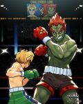  2boys abs absurdres blonde_hair boxing boxing_gloves boxing_ring boxing_shorts ganondorf gerudo highres link male_focus multiple_boys muscular orlek pointy_ears punch-out!! redhead shorts smile the_legend_of_zelda the_legend_of_zelda:_ocarina_of_time triforce 