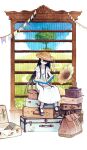  1girl blue_sky book bookshelf closed_eyes clouds dirt_road dress grass hat highres hinata_(echoloveloli) holding holding_book long_hair open_mouth original phonograph road sailor_collar sky solo string_of_flags suitcase tree very_long_hair white_background white_dress white_sailor_collar 