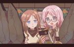  2girls artist_request bang_dream! bang_dream!_it&#039;s_mygo!!!!! blue_eyes brown_hair brown_jacket brown_sweater chihaya_anon collared_shirt commentary commission detached_sleeves fang glasses grey_eyes hair_ornament hairclip holding indoors jacket jitome knit_sweater lamp long_hair multiple_girls nagasaki_soyo open_mouth pink_hair second-party_source shirt sweater symbol-only_commentary turtleneck 