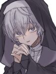  1boy alternate_costume bags_under_eyes crossdressing feet_out_of_frame gnosia grey_eyes grey_hair hair_between_eyes highres looking_at_viewer male_focus nun remnan_(gnosia) short_hair simple_background solo upper_body user_wahs4747 violet_eyes white_background 