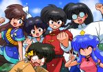  3boys 3girls :d bandolier belt black_belt black_hair black_pantyhose blowing_kiss blue_dress blue_eyes blue_pants blue_shirt blue_sky blush bow braid braided_ponytail brown_eyes brown_hair china_dress chinese_clothes coke-bottle_glasses double_bun dress glasses grin hair_bun hair_ornament headband hibiki_ryouga highres kuonji_ukyou long_hair mousse_(ranma_1/2) multiple_boys multiple_girls one_eye_closed outdoors pants pantyhose pink_dress posing purple_hair pushing_down raised_fist ranma_1/2 red_shirt saotome_ranma school_uniform shampoo_(ranma_1/2) shirt short_hair sidelocks signature sky smile tangzhuang tendou_akane tunic uniform v wanta_(futoshi) waving white_bow white_shirt yellow_headband yellow_shirt 