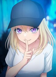  1girl absurdres bang_dream! bang_dream!_it&#039;s_mygo!!!!! baseball_cap black_hat blonde_hair breasts collarbone commentary_request finger_to_mouth hat highres looking_at_viewer medium_breasts medium_hair misumi_uika open_mouth shirt short_sleeves shushing sidelocks solo temple_o_dragon twitter_username upper_body violet_eyes white_shirt 