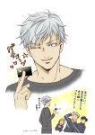  1girl 2021 3boys black_hair blue_eyes credit_card dated fushiguro_megumi gojou_satoru grey_hair hand_on_own_head heart highres itadori_yuuji jujutsu_kaisen kugisaki_nobara light loveshaggy male_focus multiple_boys open_mouth own_hands_together pink_hair short_hair signature simple_background sparkle star_(symbol) suit translation_request white_background 