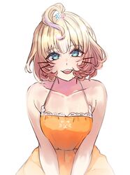  1girl :3 absurdres ahoge aqua_eyes bare_shoulders beads blonde_hair breasts collarbone dress fangs hair_beads hair_ornament highres ive_(iveith) looking_at_viewer medium_breasts medium_hair millie_parfait nijisanji nijisanji_en open_mouth solo sundress virtual_youtuber 