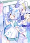  2girls :d absurdres apron bed blue_dress blue_hair clipboard closed_mouth collared_dress commentary_request dress feathered_wings genshin_impact gloves hair_between_eyes hand_up hat highres holding holding_syringe intravenous_drip iv_stand long_hair looking_at_viewer low_twintails low_wings multiple_girls nurse nurse_cap nyori ofuda on_bed puffy_short_sleeves puffy_sleeves purple_hair qiqi_(genshin_impact) red_eyes short_sleeves sigewinne_(genshin_impact) smile syringe twintails very_long_hair violet_eyes white_apron white_gloves white_hat white_wings wings 